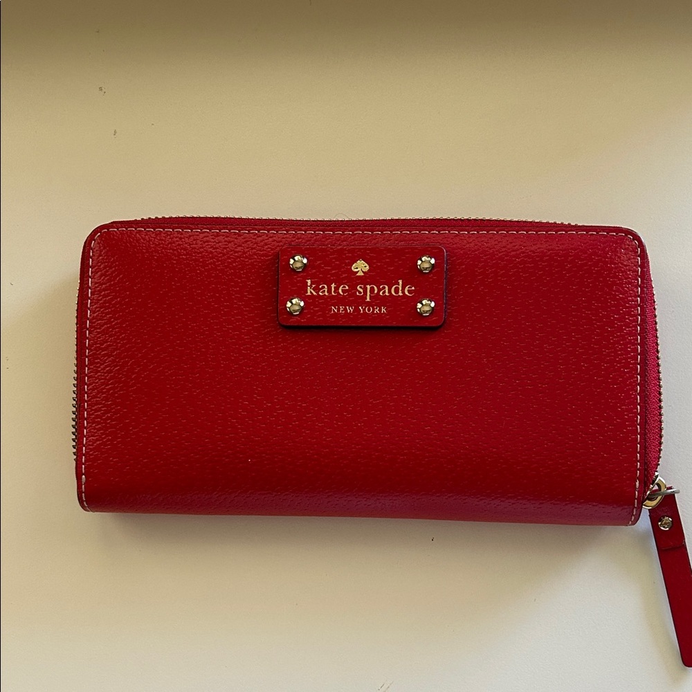 kate spade Red Leather Zip Wallet with Gold Logo Plate